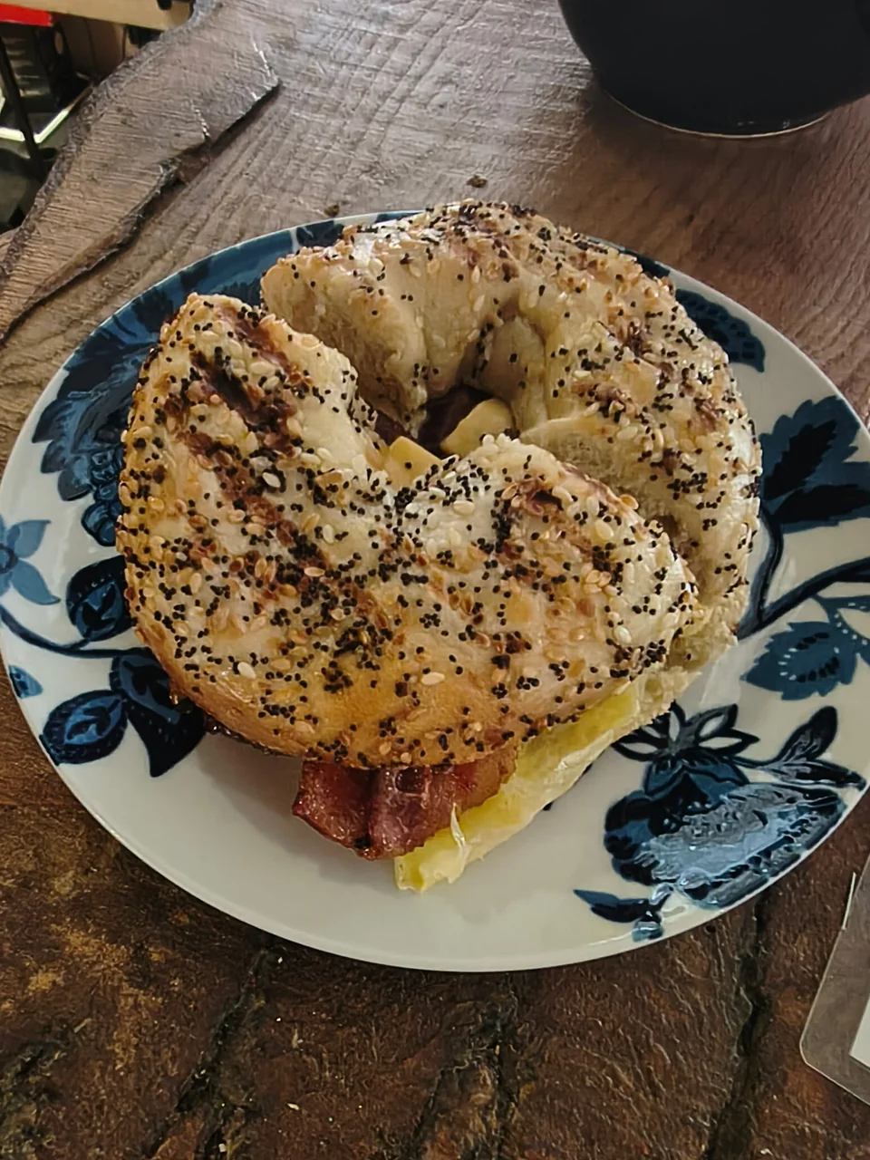 Bacon, egg and cheese on an everything bagel at A Walk in the Park Cafe
